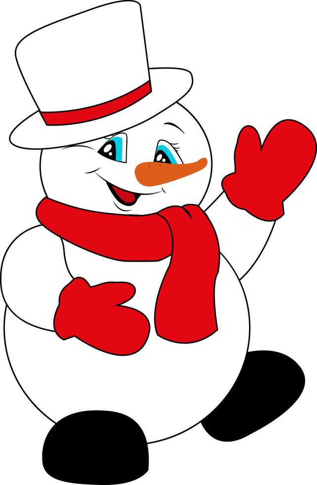 boneco de neve de natal com um chapéu com cachecol e luvas. ano Novo. sorrindo e acenando. vetor