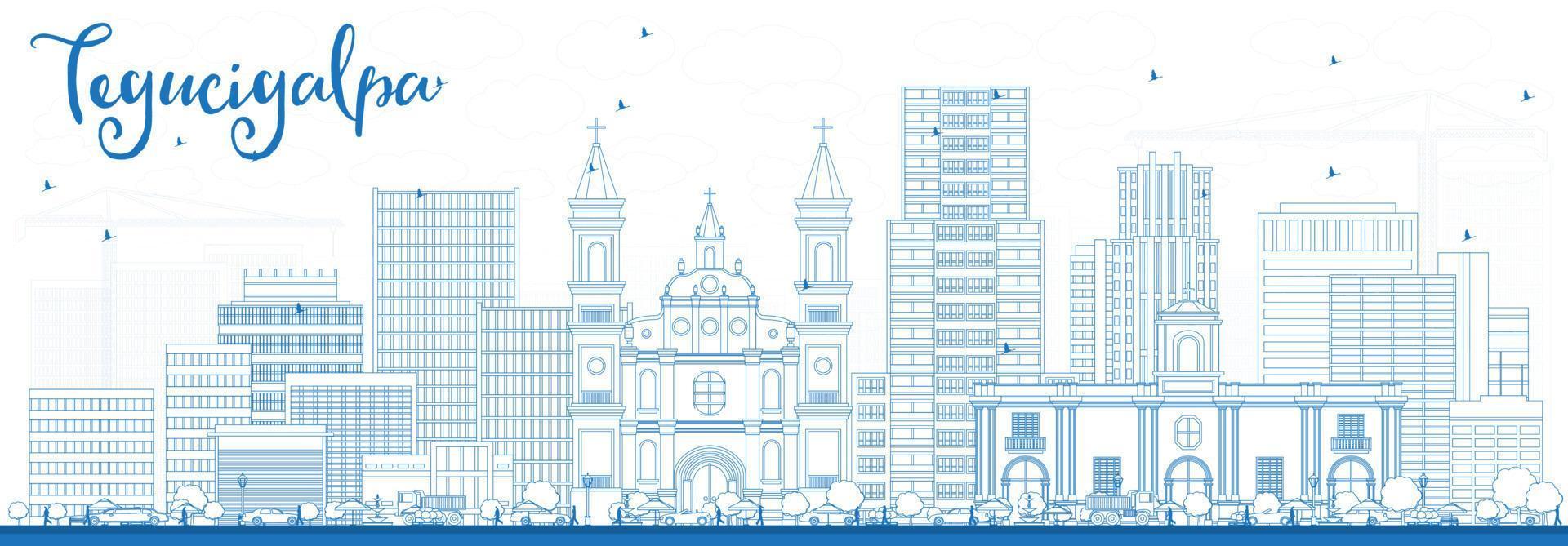 delineie o horizonte de tegucigalpa com edifícios azuis. vetor