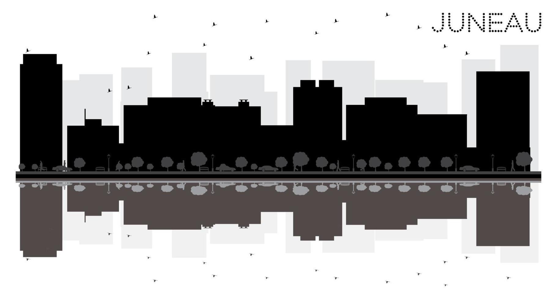 silhueta preto e branco do horizonte da cidade de juneau com reflexões. vetor