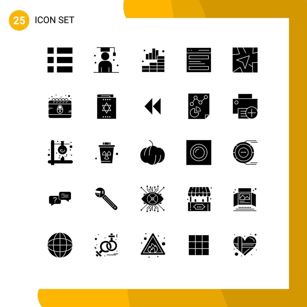conjunto de glifos sólidos de interface móvel de 25 pictogramas de elementos de design de vetores editáveis do gráfico de cabeçalho do aluno herói do usuário