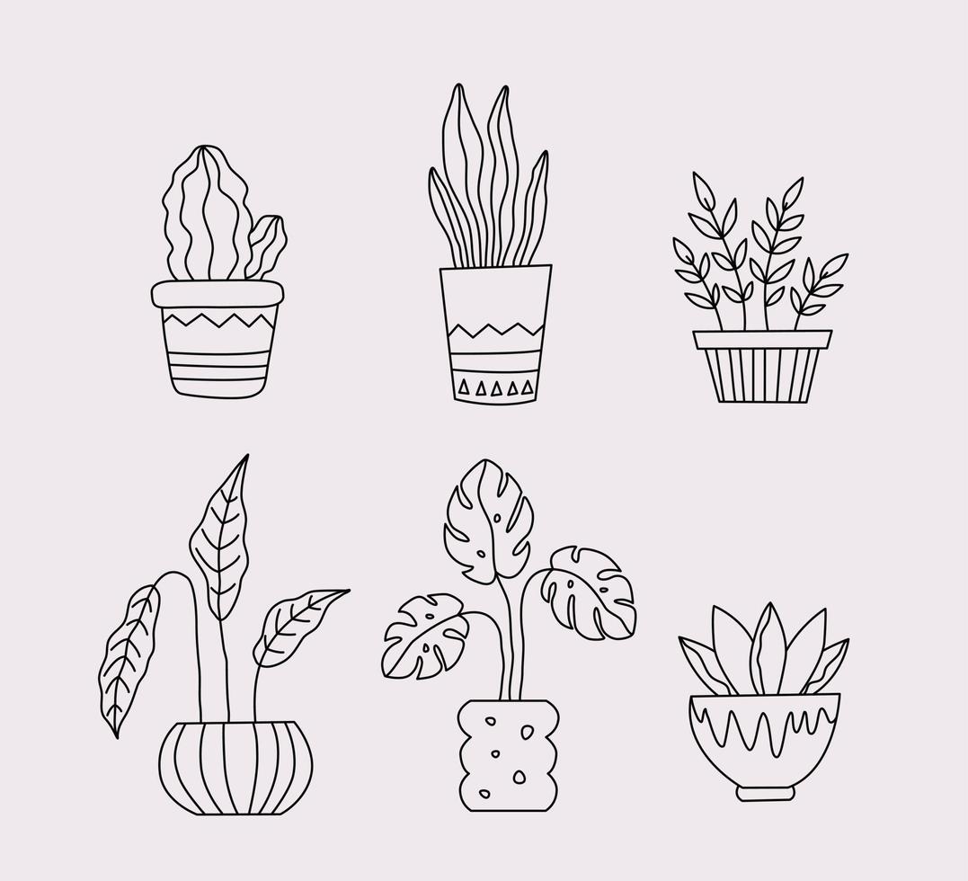 conjunto de plantas caseiras em vaso de flores. desenho de esboço de planta de casa em pote. ilustração vetorial isolada no fundo branco vetor