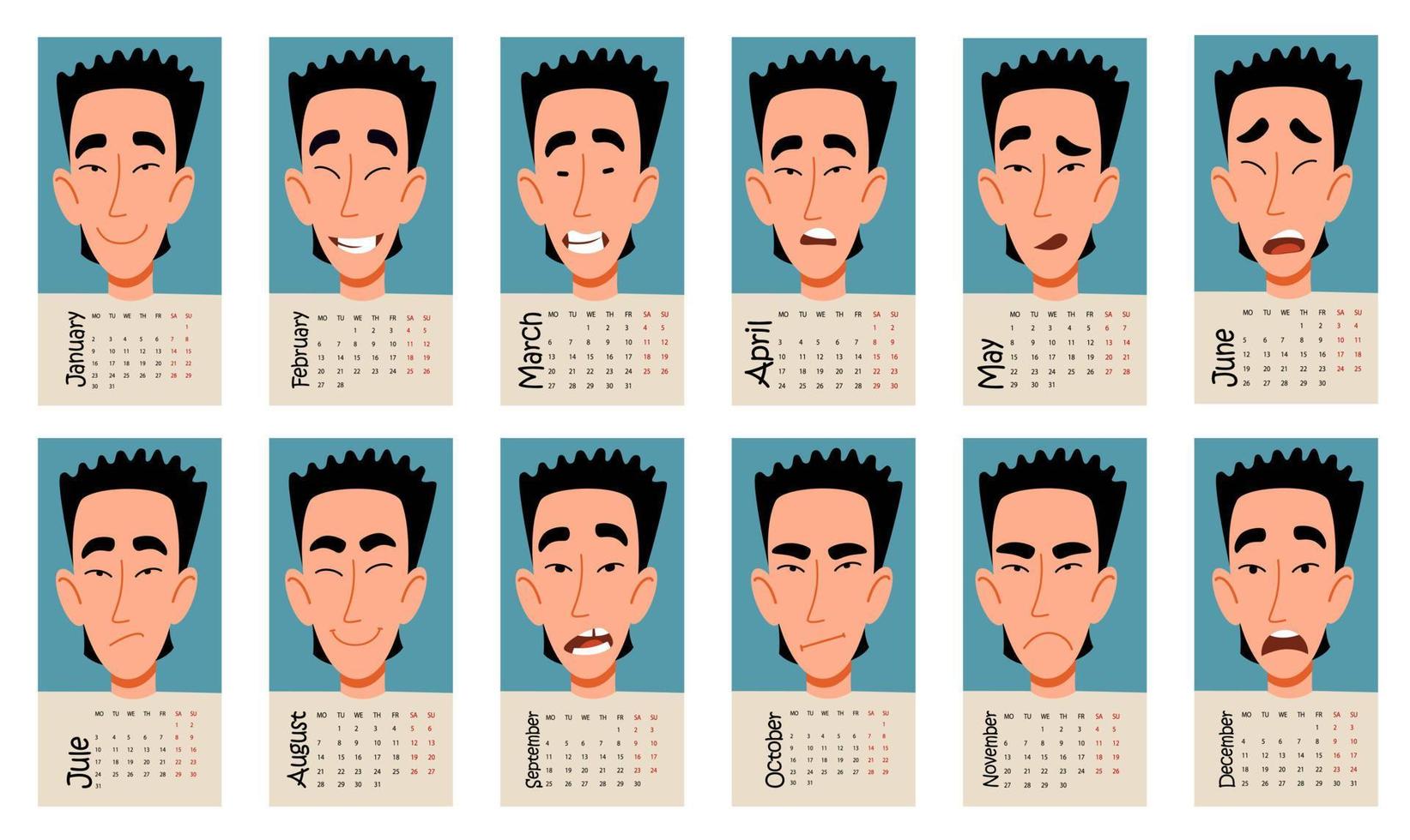 calendário para 2023 com emoções engraçadas de um personagem masculino asiático. ilustração em vetor de um design plano.