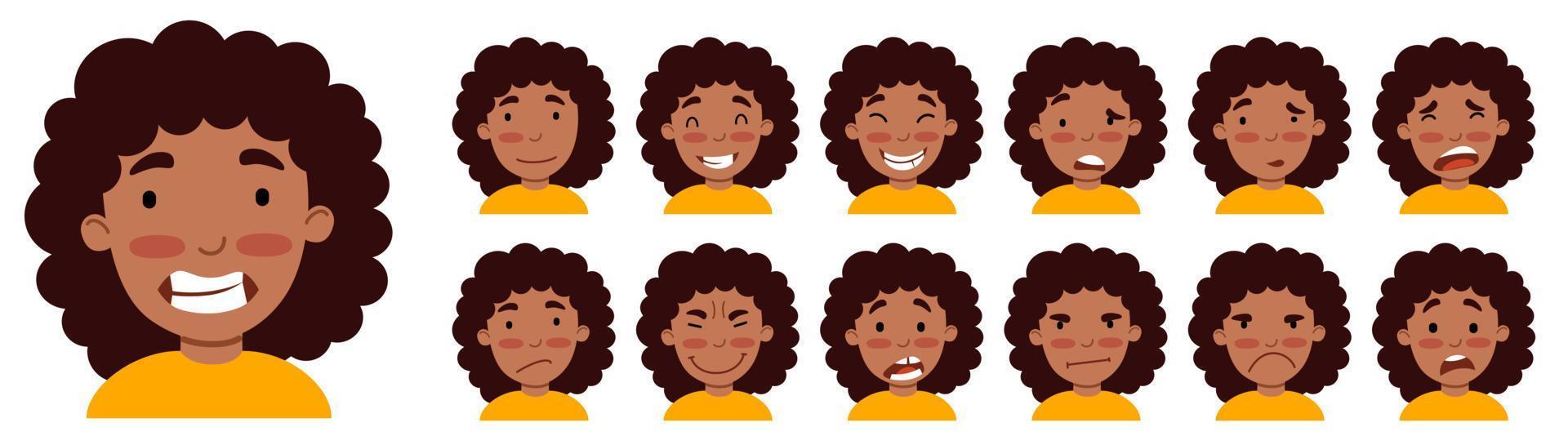 um conjunto de emoções femininas. uma garota afro-americana é um avatar. vetor