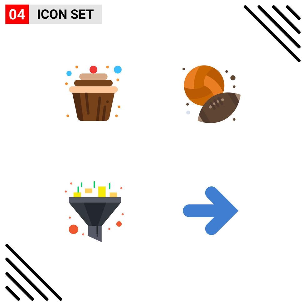 4 conceito de ícone plano para sites móveis e aplicativos cupcake funil muffin passatempos seta elementos de design de vetores editáveis