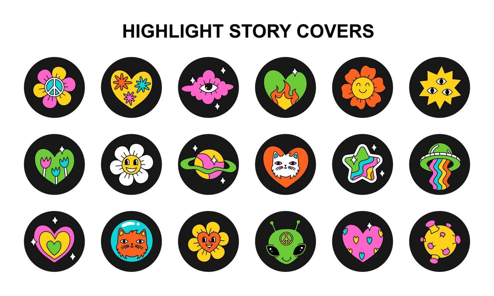 um conjunto de capas de histórias de destaques. modelos para blogueiros. 18 ícones brilhantes no estilo hippie. ícones engraçados vetor