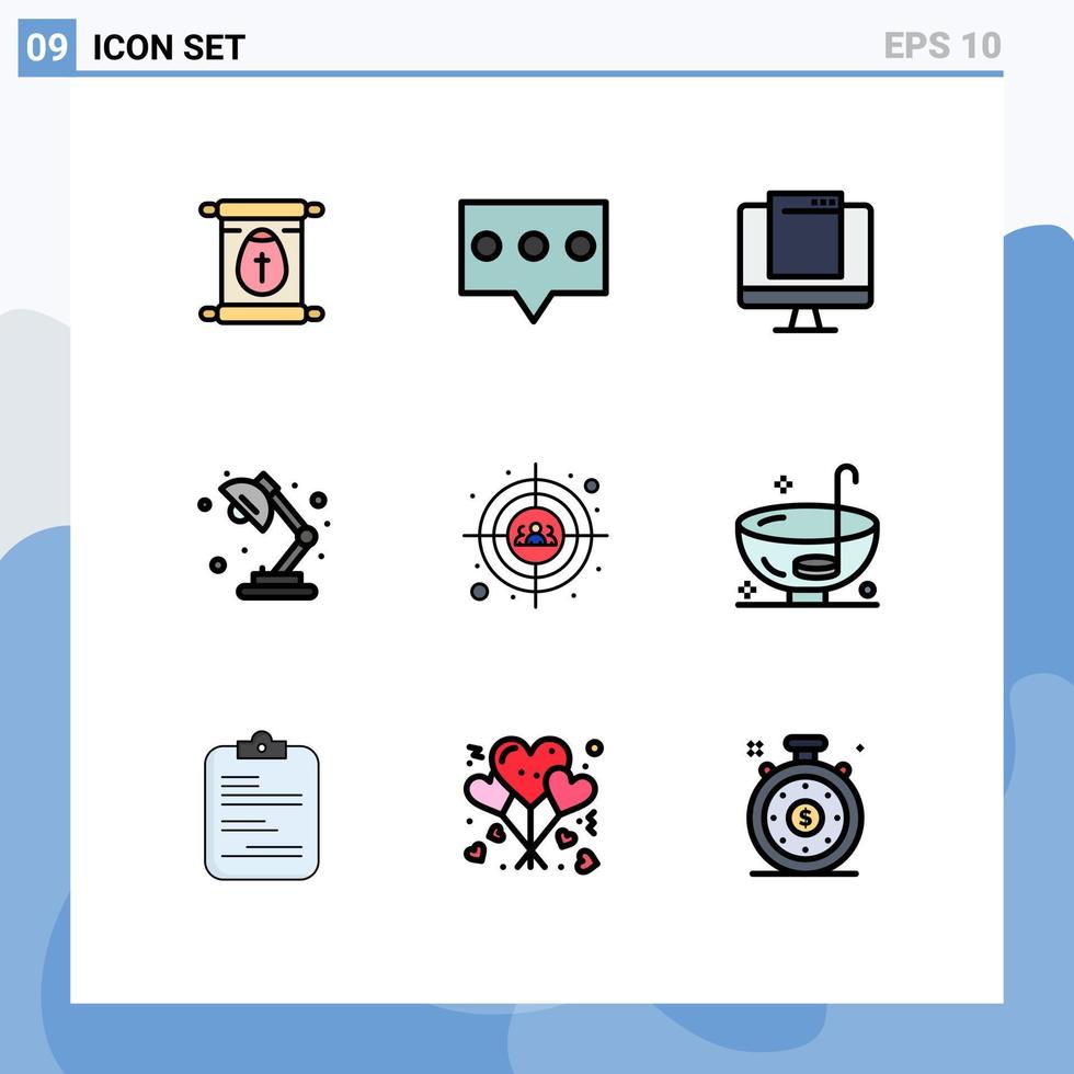 pacote de linha vetorial editável de 9 cores planas de linha preenchida simples de lâmpada de luz de monitor de escola alvo elementos de design vetorial editáveis vetor