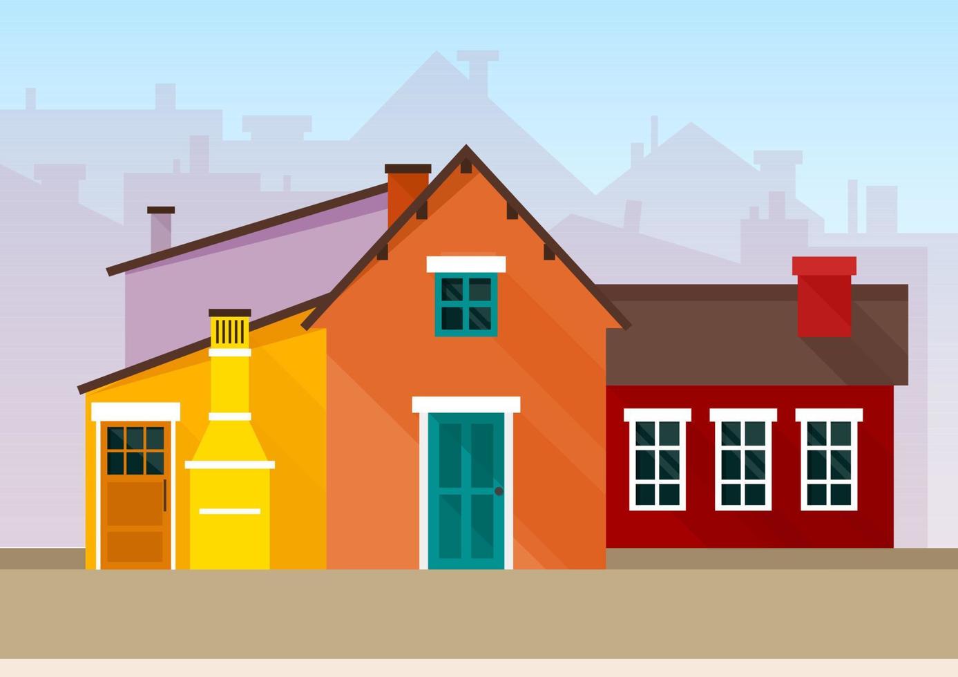 paisagem urbana de casas coloridas de amarelo brilhante, vermelho e laranja em estilo escandinavo vetor