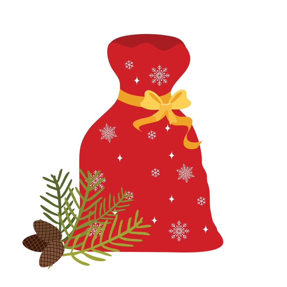 um saco de presentes. presentes de natal na bolsa do papai noel. decoração para cartões, cartazes, listras, emblemas. estilo plano moderno, isolado em um fundo branco vetor
