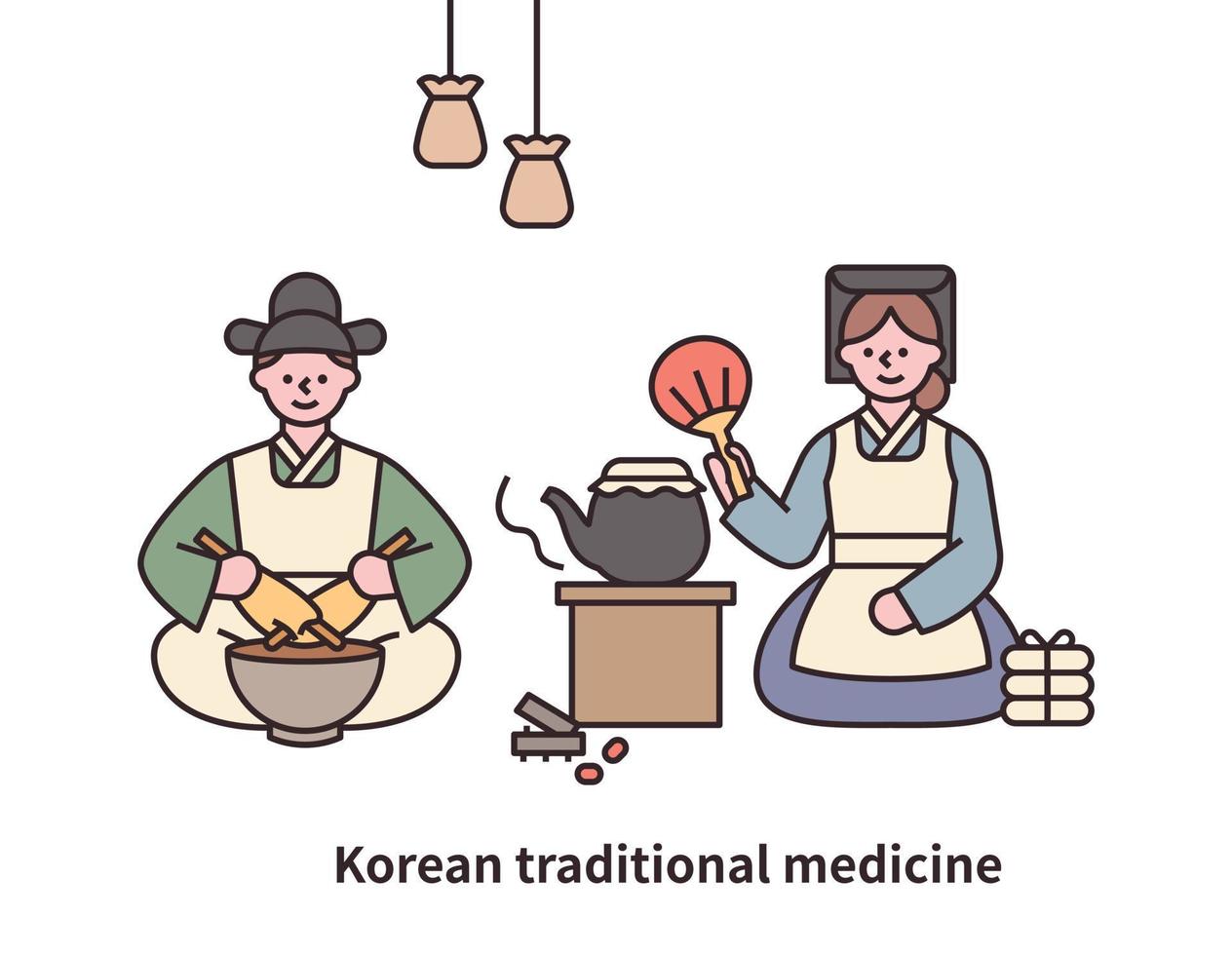 um médico da dinastia Joseon está fabricando remédios. uma enfermeira está preparando remédios em uma chaleira da maneira tradicional. vetor