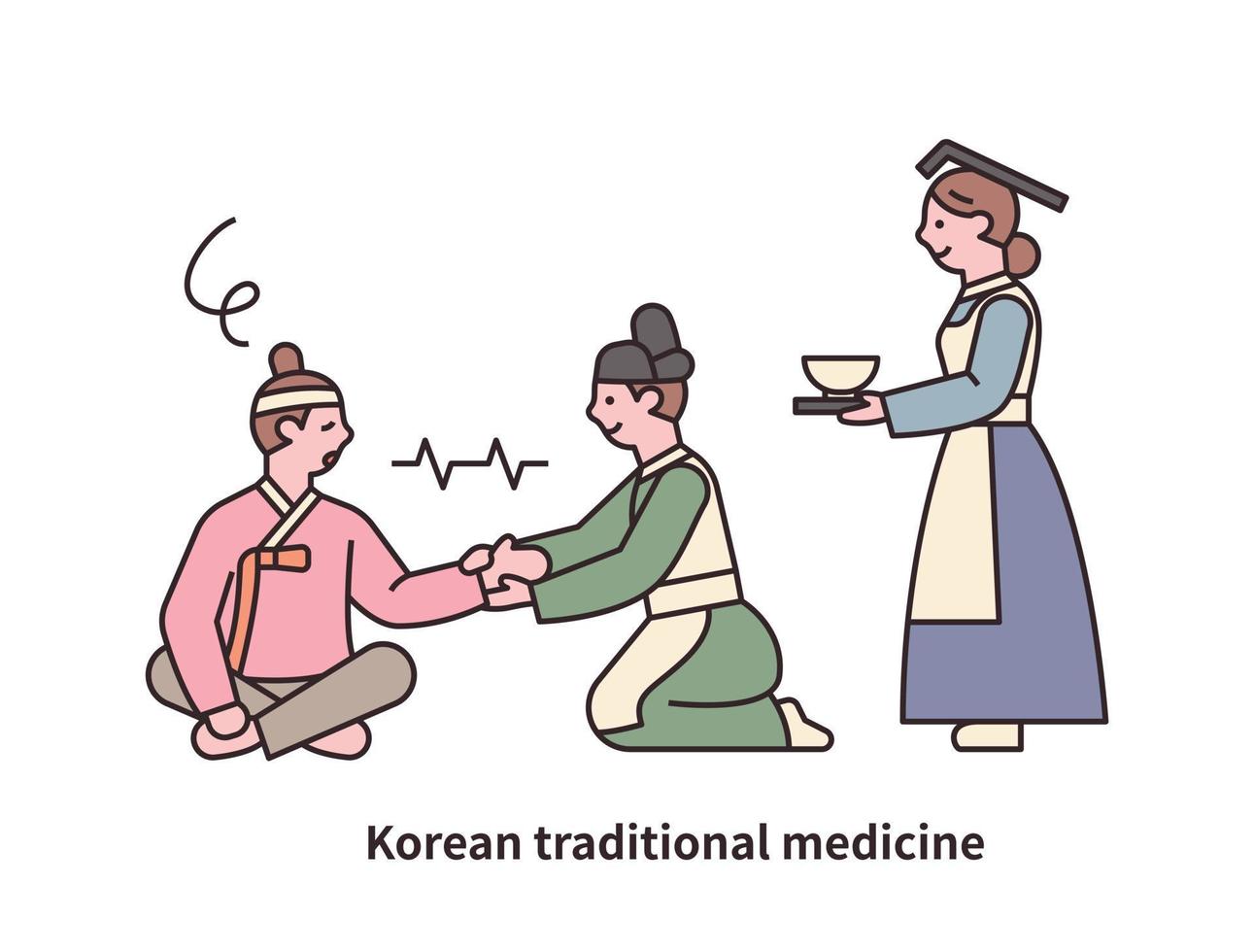 os médicos da dinastia joseon estão tratando pacientes. atrás dele está uma enfermeira segurando uma tigela de farmacêutico. vetor