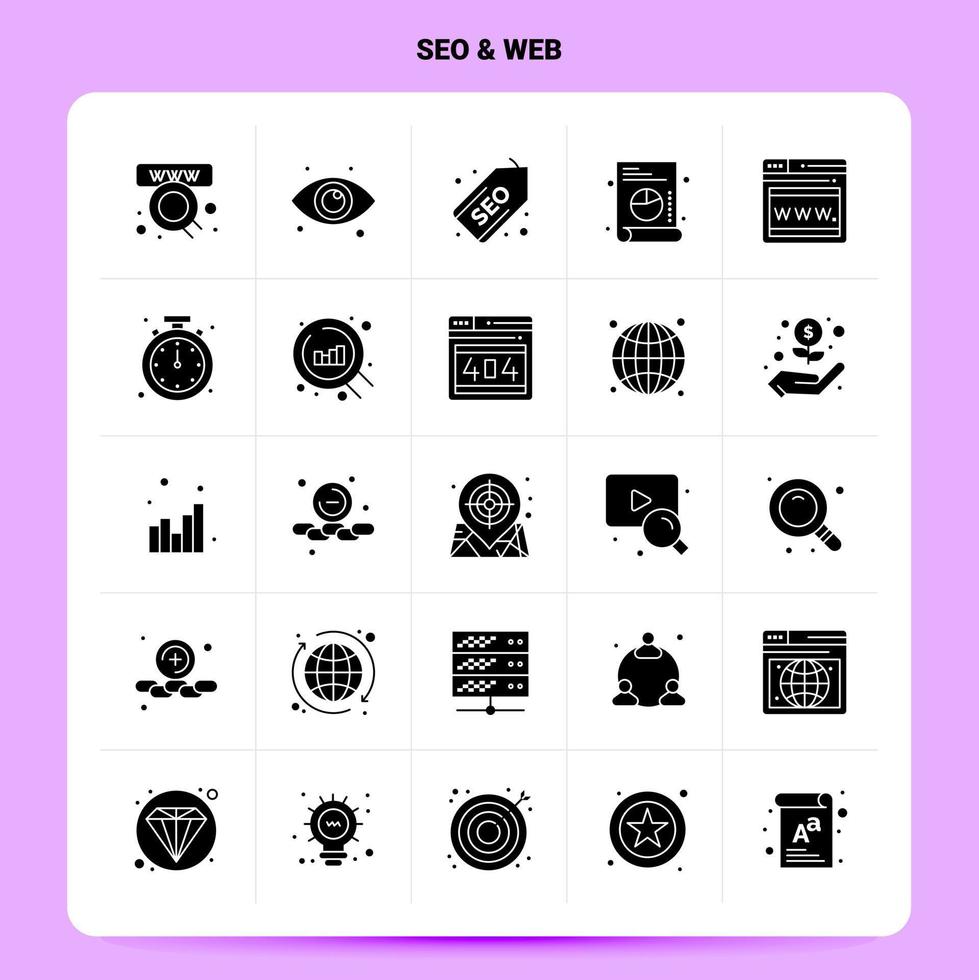 conjunto de ícones da web sólidos de 25 seo design de estilo de glifo vetorial conjunto de ícones pretos web e design de ideias de negócios móveis ilustração em vetor