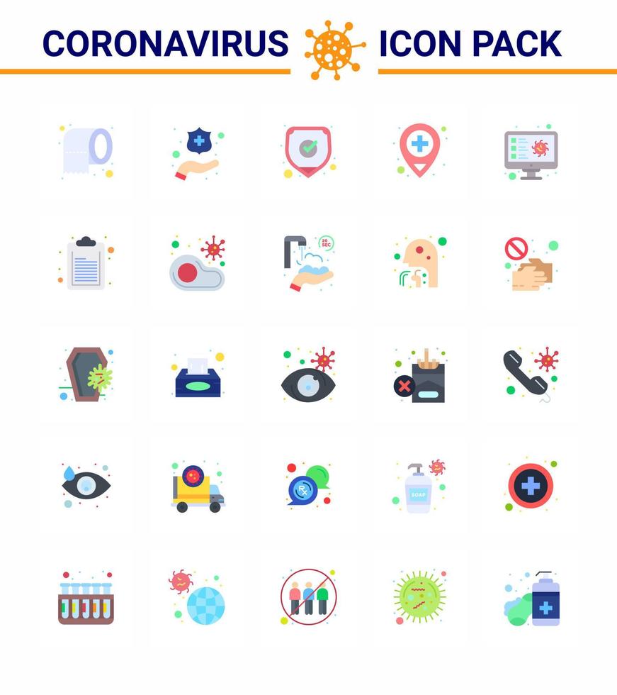 conjunto de ícones de prevenção de coronavírus 25 ícones de cores planas, como proteção de triagem de vírus localização do computador coronavírus viral 2019nov elementos de design de vetor de doença