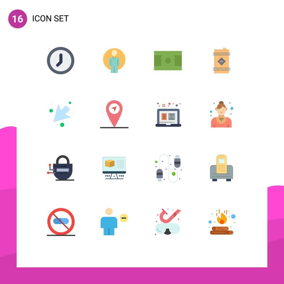 conjunto de pictogramas de 16 cores planas simples de pacote editável de óleo tóxico de campo de seta esquerda de elementos de design de vetores criativos