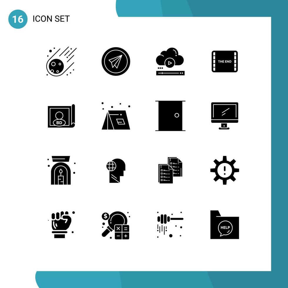 pacote de 16 sinais e símbolos de glifos sólidos modernos para mídia impressa na web, como filme de cena, avião de papel, final de nuvem, elementos de design de vetores editáveis
