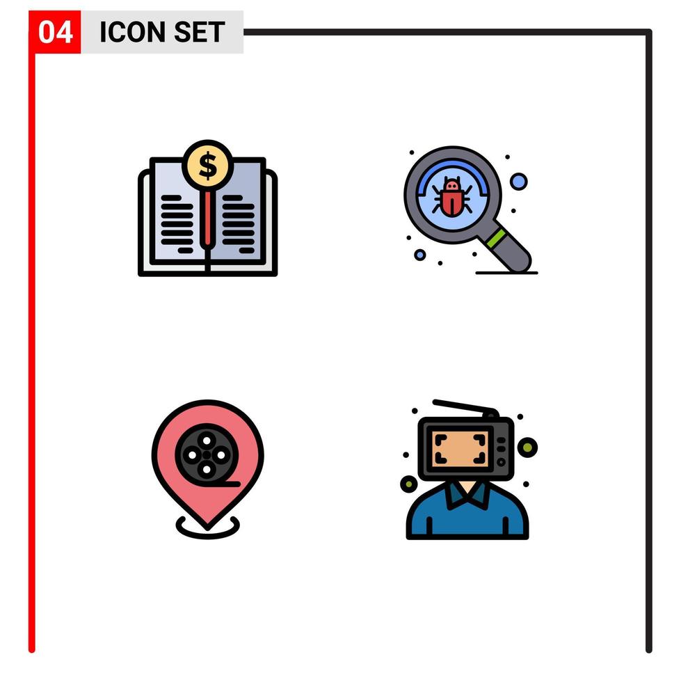 conjunto de 4 sinais de símbolos de ícones de interface do usuário modernos para conteúdo de pesquisa de investimento de localização de livro elementos de design de vetores editáveis