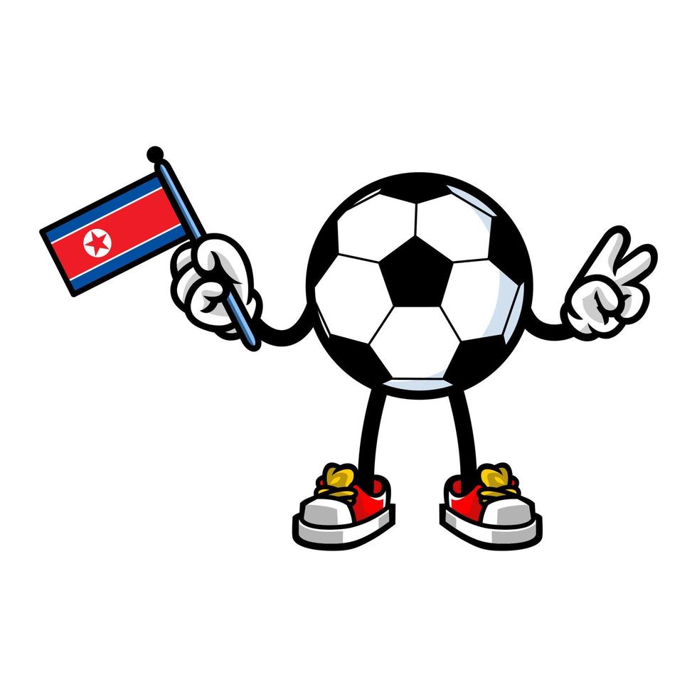 mascote do futebol segurando a bandeira da coreia do norte vetor