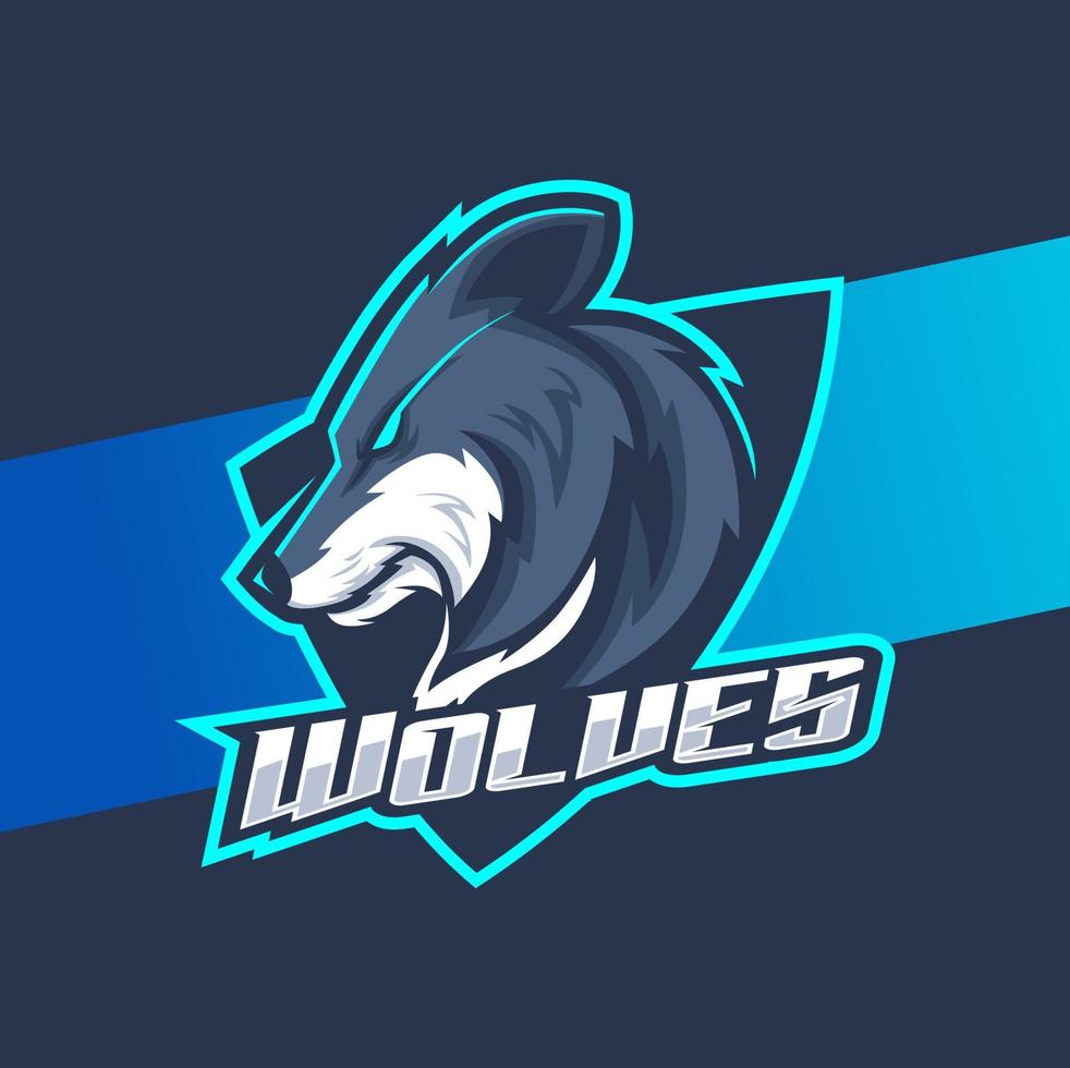 design de logotipo esport de mascote de cabeça de lobos, personagem de lobo para esportes e jogos vetor