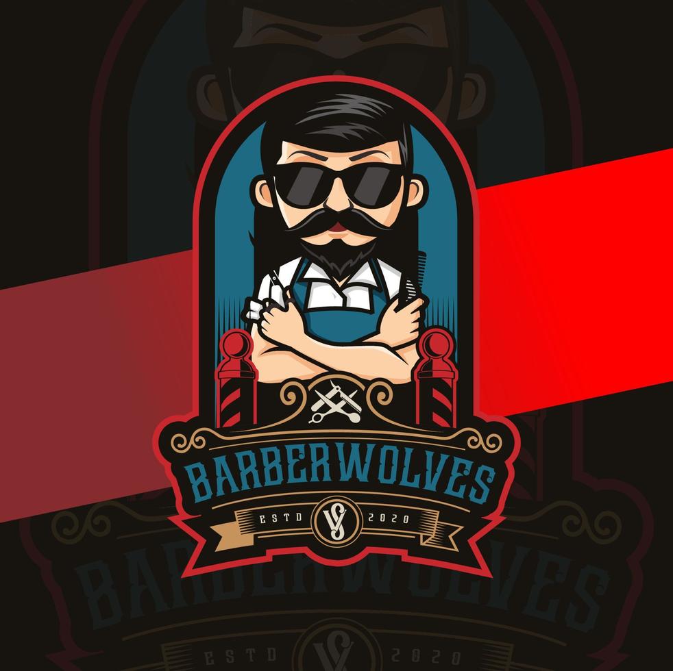 design de logotipo de mascote de personagem barbeiro com elementos vintage de luxo vetor