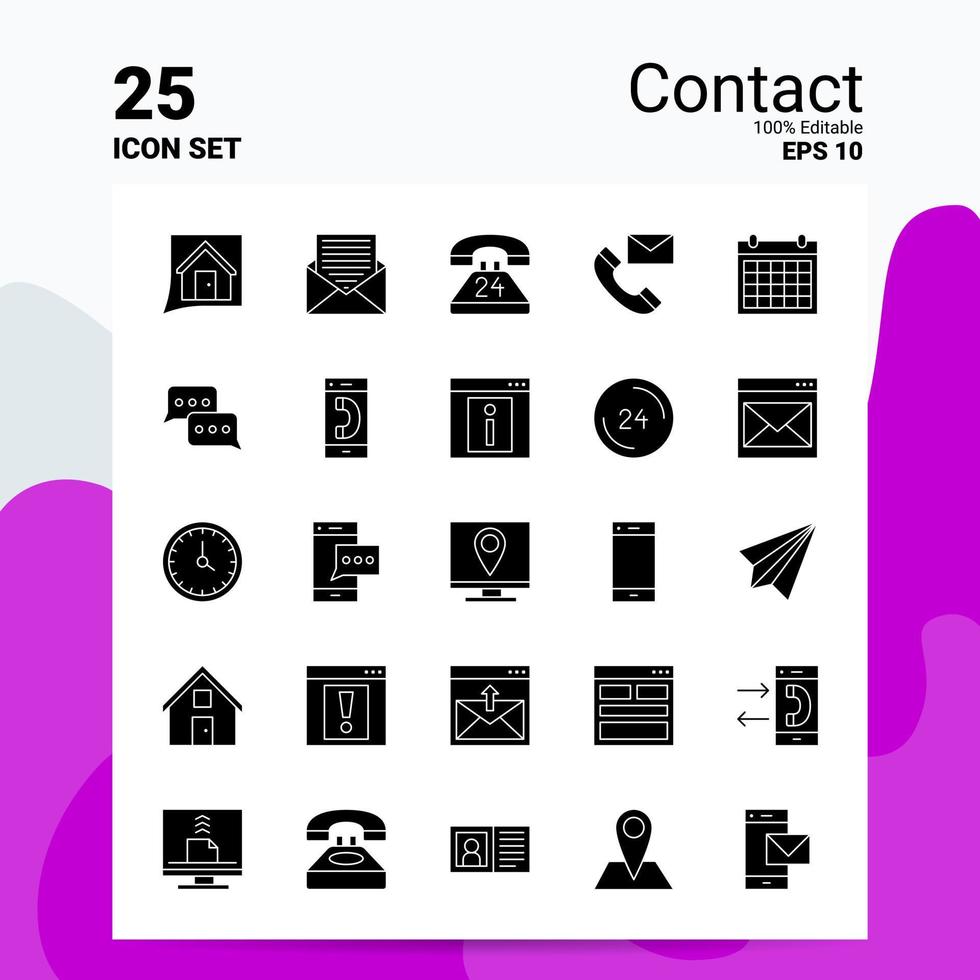 25 conjunto de ícones de contato 100 eps editáveis 10 arquivos idéias de conceito de logotipo de negócios design de ícone de glifo sólido vetor