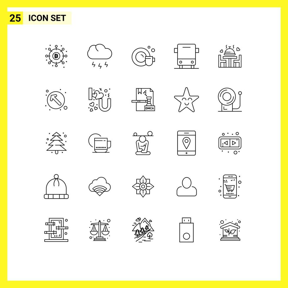 pacote de linha de 25 símbolos universais de elementos de design de vetores editáveis de ônibus de tráfego de tempo de transporte de jantar