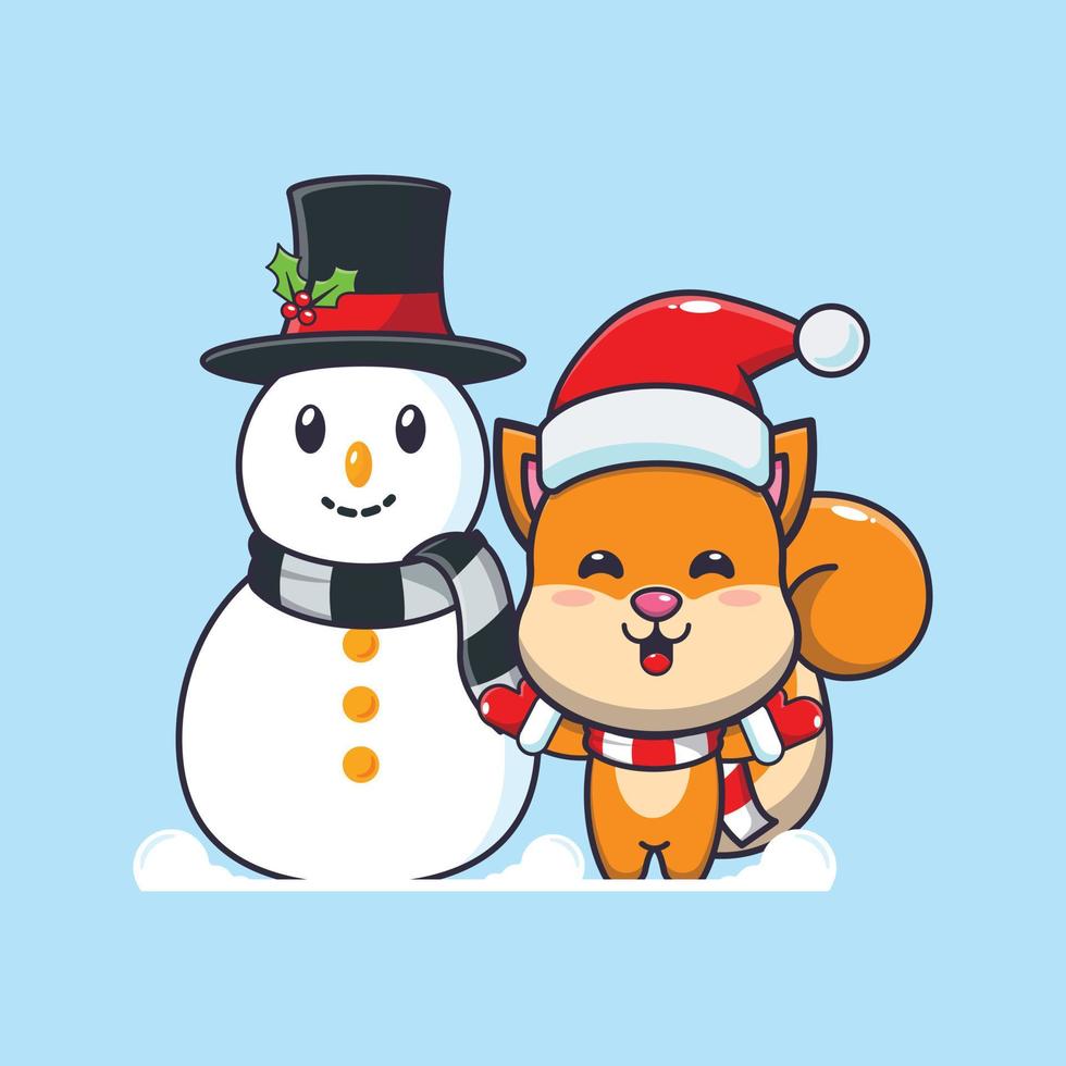 esquilo fofo brincando com boneco de neve. ilustração bonito dos desenhos animados de Natal. vetor