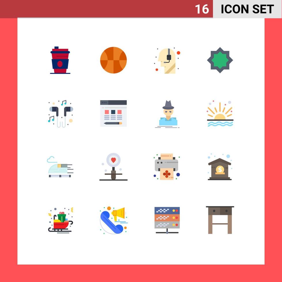 conjunto de cores planas de interface móvel de 16 pictogramas de fone de ouvido islam call estrela decoração pacote editável de elementos de design de vetores criativos