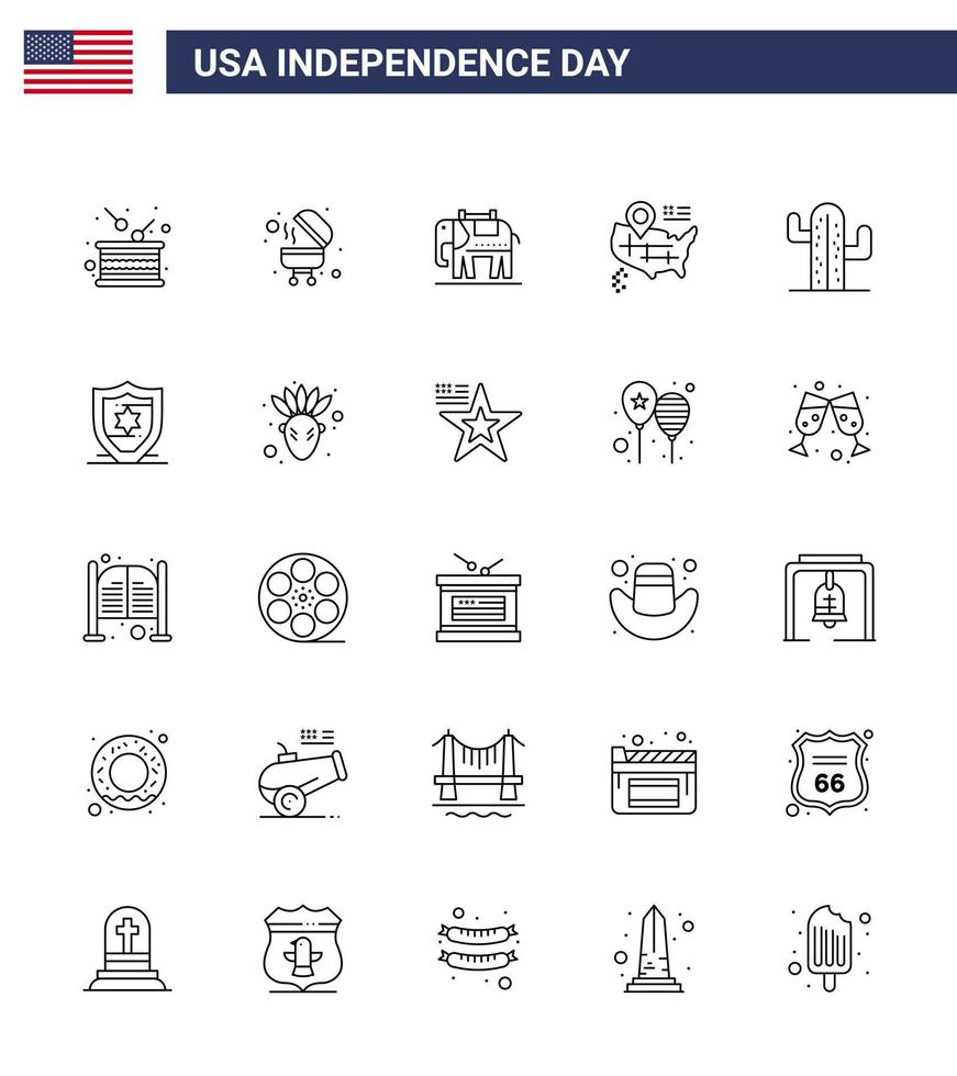 feliz dia da independência eua pacote de 25 linhas criativas de mapa americano de cactos elefantes dos eua editável dia dos eua elementos de design vetorial vetor