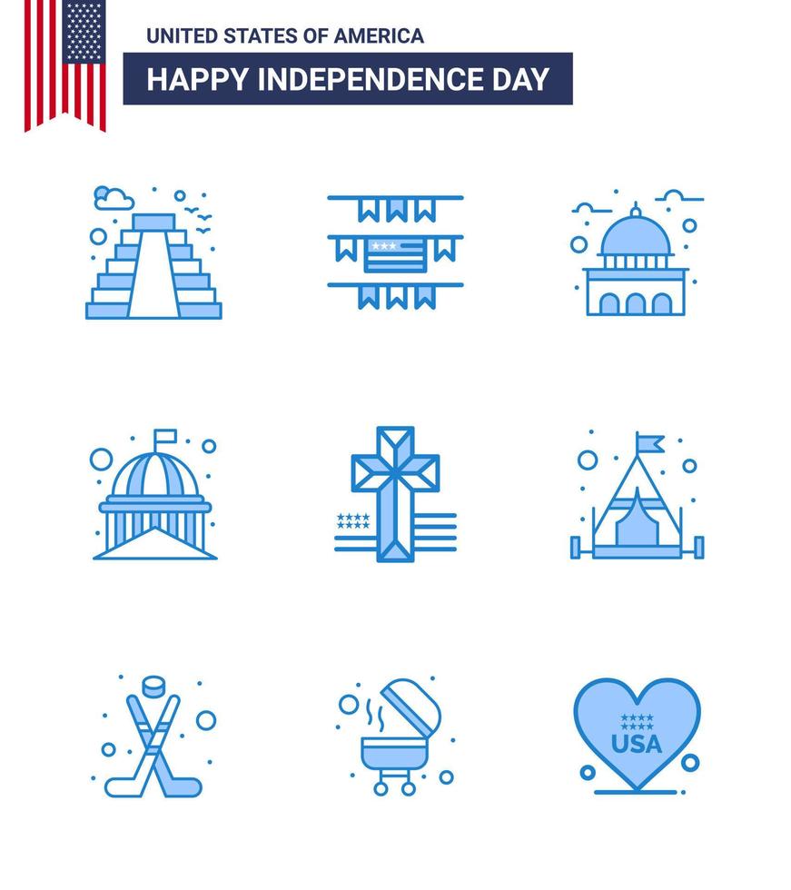 9 sinais azuis para o dia da independência dos eua tenda acampamento casa igreja americana editável elementos de design de vetor do dia dos eua