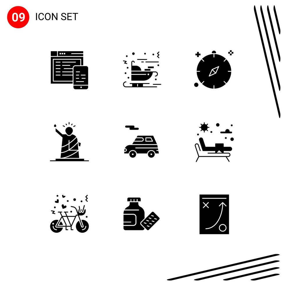 conjunto moderno de pictograma de 9 glifos sólidos dos eua da bússola elementos de design de vetores editáveis de verão da liberdade
