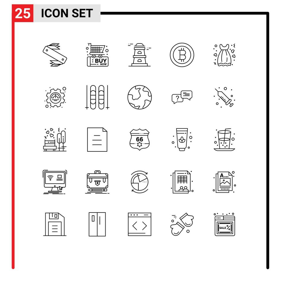 grupo de sinais e símbolos de 25 linhas para data de vestido, pano de compras, elementos de design de vetores editáveis em bitcoin