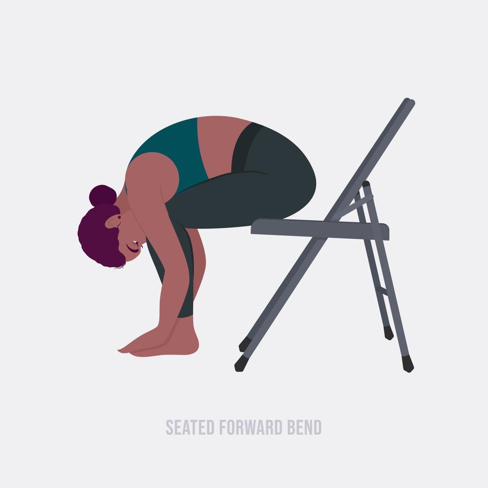 sentado para a frente flexionar exercito.mulher fazendo exercícios de fitness e ioga com cadeira. vetor