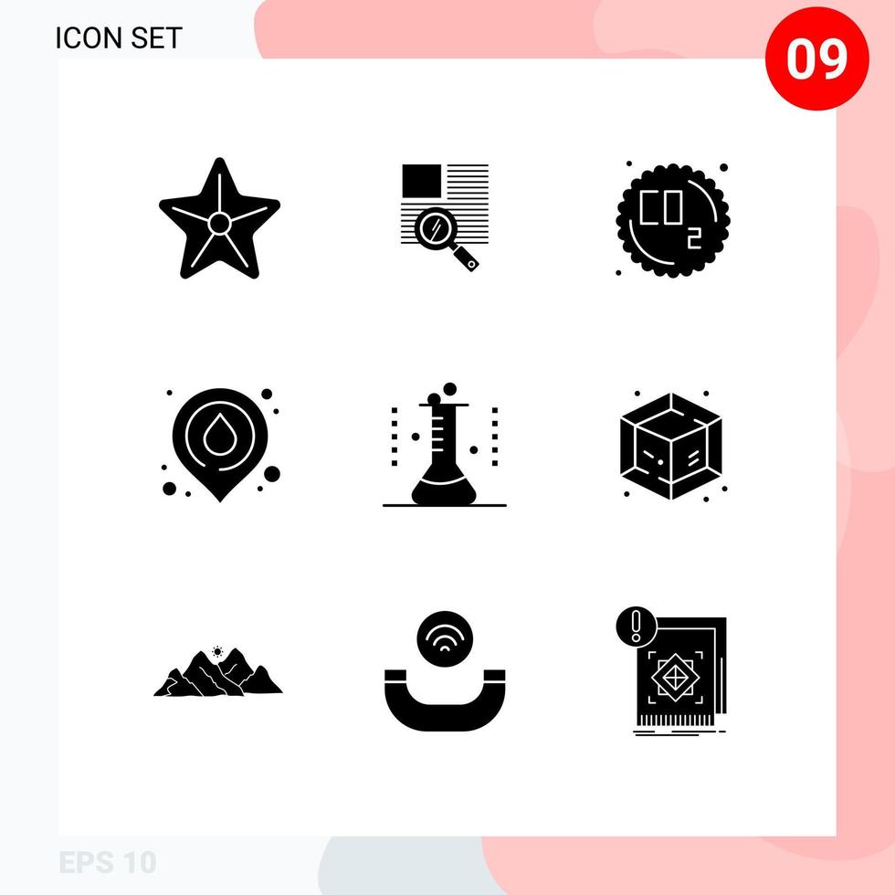 pacote de interface de usuário de 9 glifos sólidos básicos de localização de balão erlenmeyer mapa co fogo elementos de design de vetores editáveis