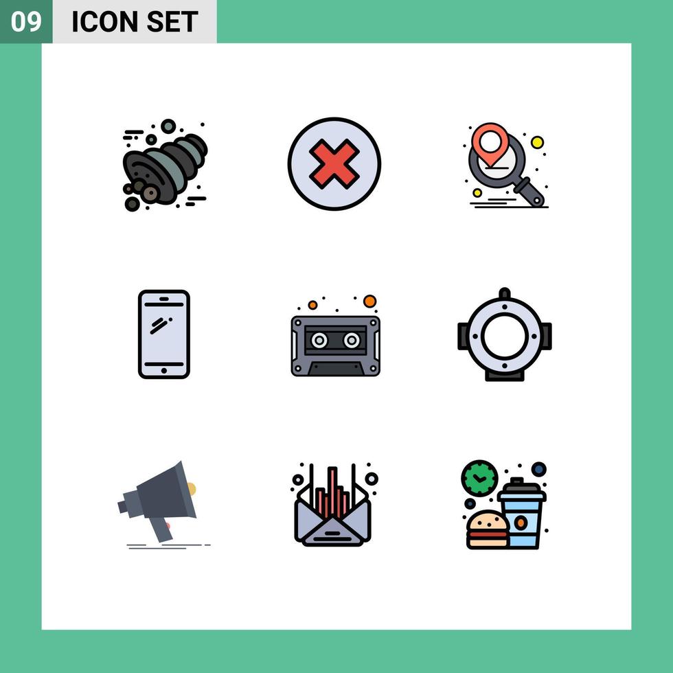 pacote de interface de usuário de 9 cores planas básicas de linhas preenchidas de cassete de áudio campanha de marketing de iphone android elementos de design de vetores editáveis de smartphones