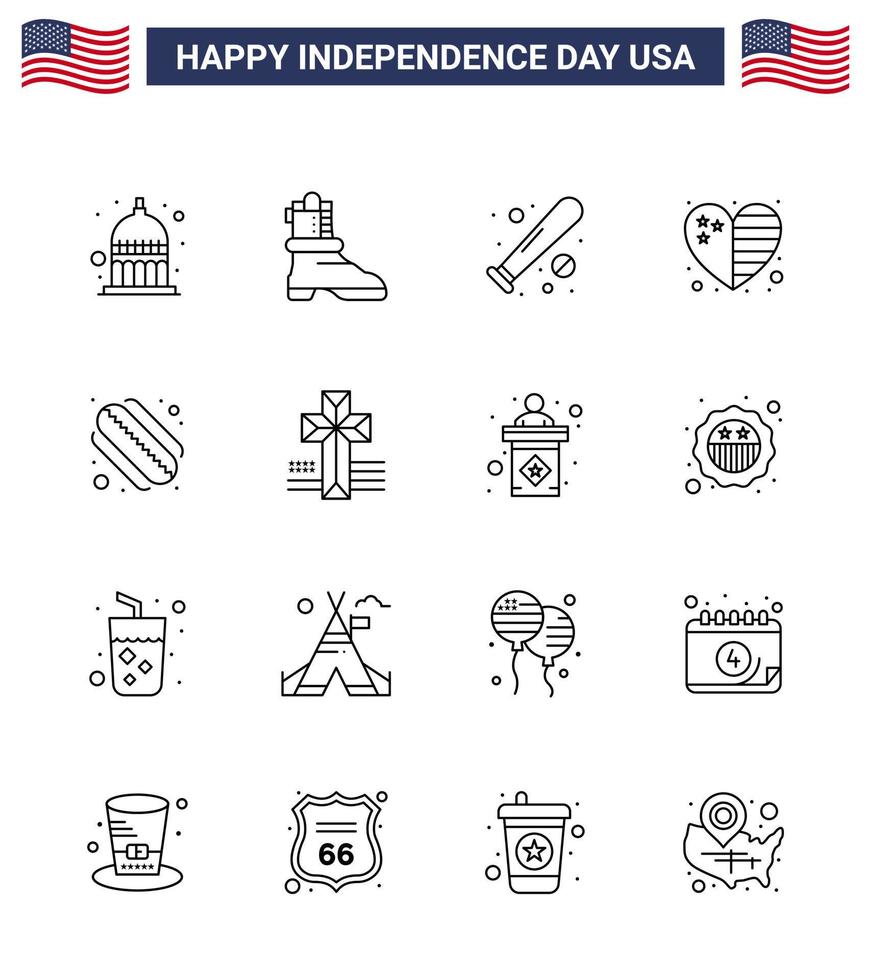 conjunto de 16 ícones do dia dos eua símbolos americanos sinais do dia da independência para cachorro-quente eua bandeira de beisebol coração editável dia dos eua vetor elementos de design