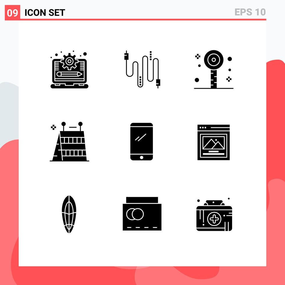 9 conceito de glifo sólido para sites móveis e aplicativos, ferramentas para smartphones, equipamento divertido, barreira, elementos de design vetorial editáveis vetor
