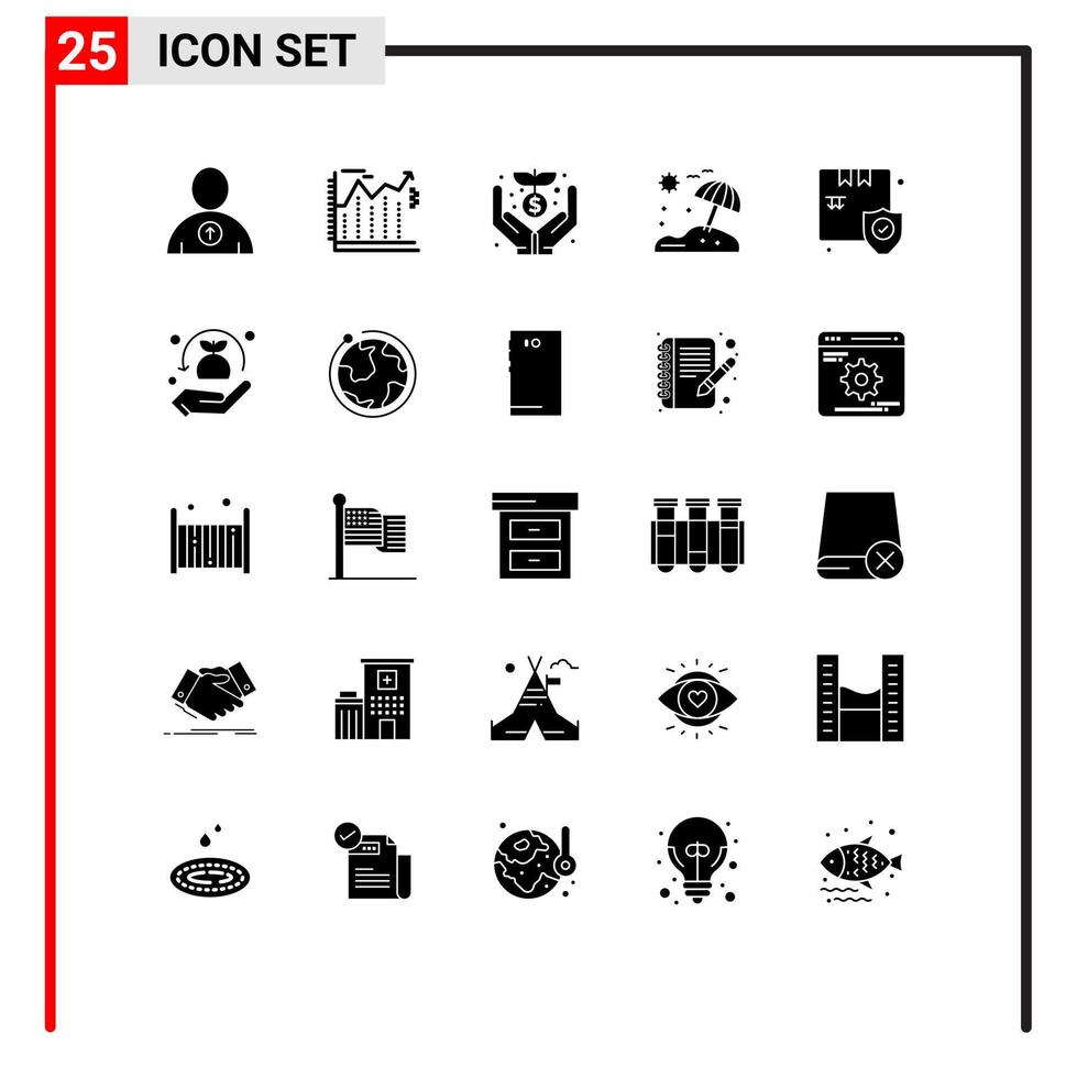 conjunto de pictogramas de 25 glifos sólidos simples de elementos de design de vetores editáveis de guarda-chuva de compras de segurança