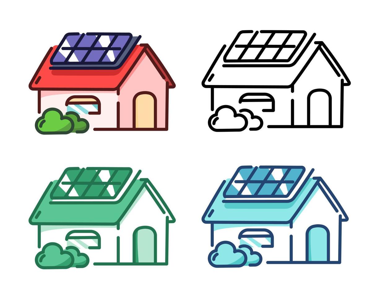 conjunto de cores do vetor de ícones da casa de energia solar sistema de símbolos de células solares para contorno de ecologia doméstica de cidade de energia elétrica limpa