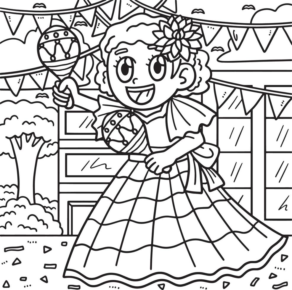 desenho de menina cinco de maio tocando maracas para colorir vetor