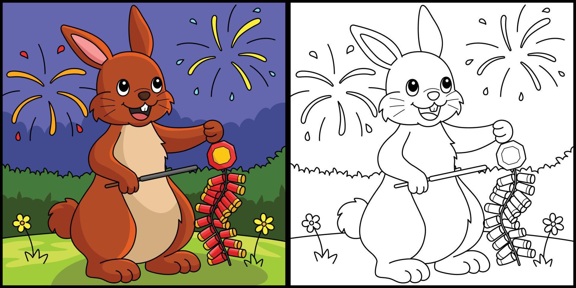 coelho segurando ilustração para colorir fogos de artifício vetor