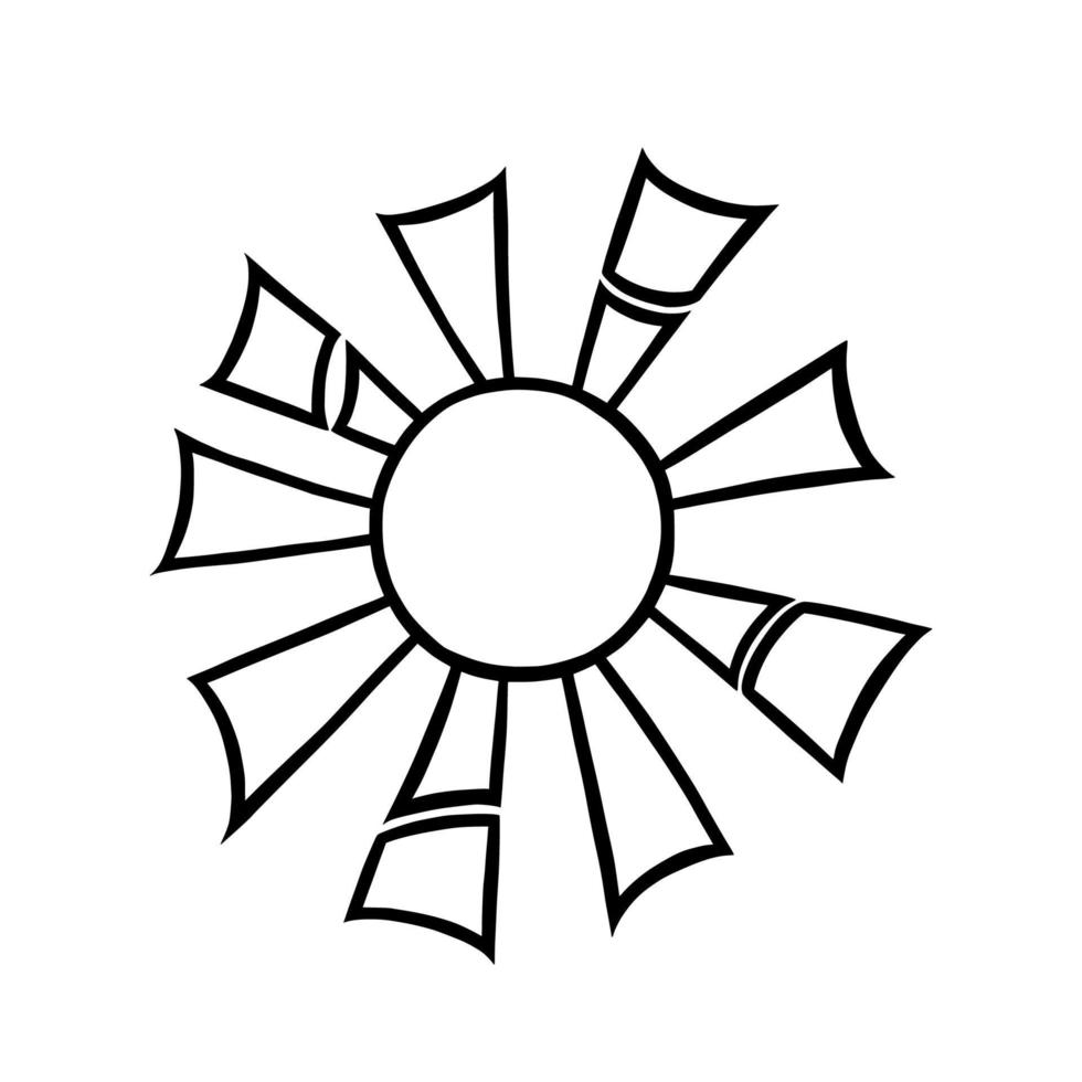 sol desenhado à mão com vigas. sol brilhando no estilo doodle. ilustração vetorial preto e branco vetor