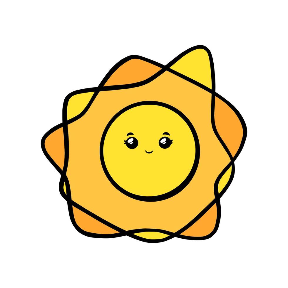 sol bonito com olhos e sorriso. rosto sorridente do sol kawaii no estilo doodle. ilustração vetorial preto e branco vetor