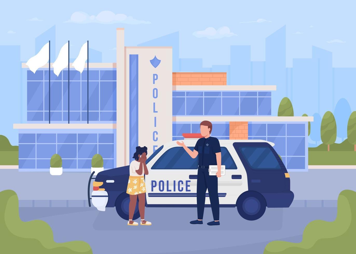 garota perdida e policial na ilustração vetorial de cor plana de rua. oficial ajudando criança. personagens de desenhos animados simples 2d totalmente editáveis com paisagem urbana em segundo plano vetor