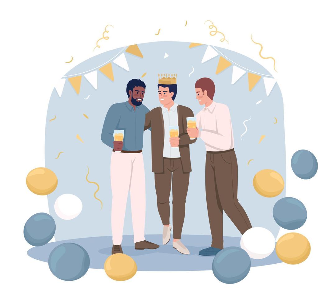 amigos do sexo masculino na despedida de solteiro ilustração vetorial 2d isolada. evento pré-casamento. noivo com personagens planas de amigos em fundo de desenho animado. cena editável colorida para celular, site, apresentação vetor