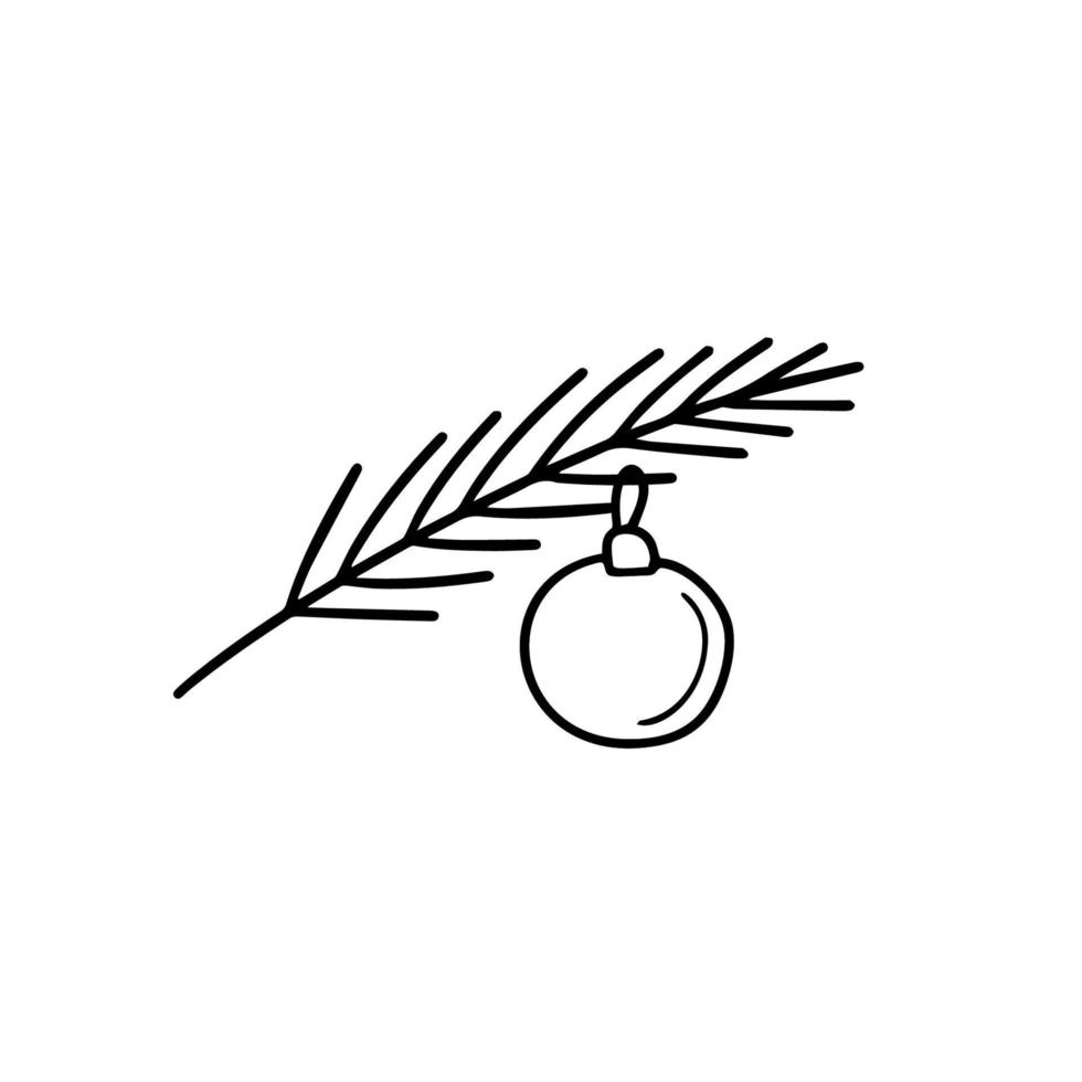 ramo de abeto com ilustração de bola de natal em estilo doodle vetor