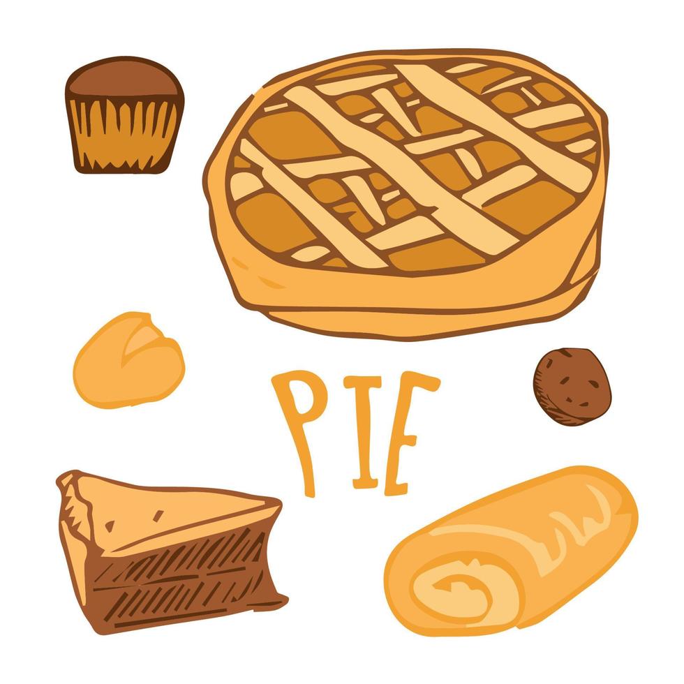 desenho de comida de crise pão integral e trigo, pretzel, muffin, pão pita, ciabatta, croissant, bagel, pão torrado, baguete francesa para decorar o menu da padaria. ilustração vetorial. vetor