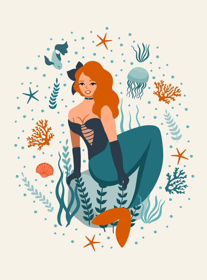 linda sereia em estilo pin-up retrô. vetor do mundo subaquático