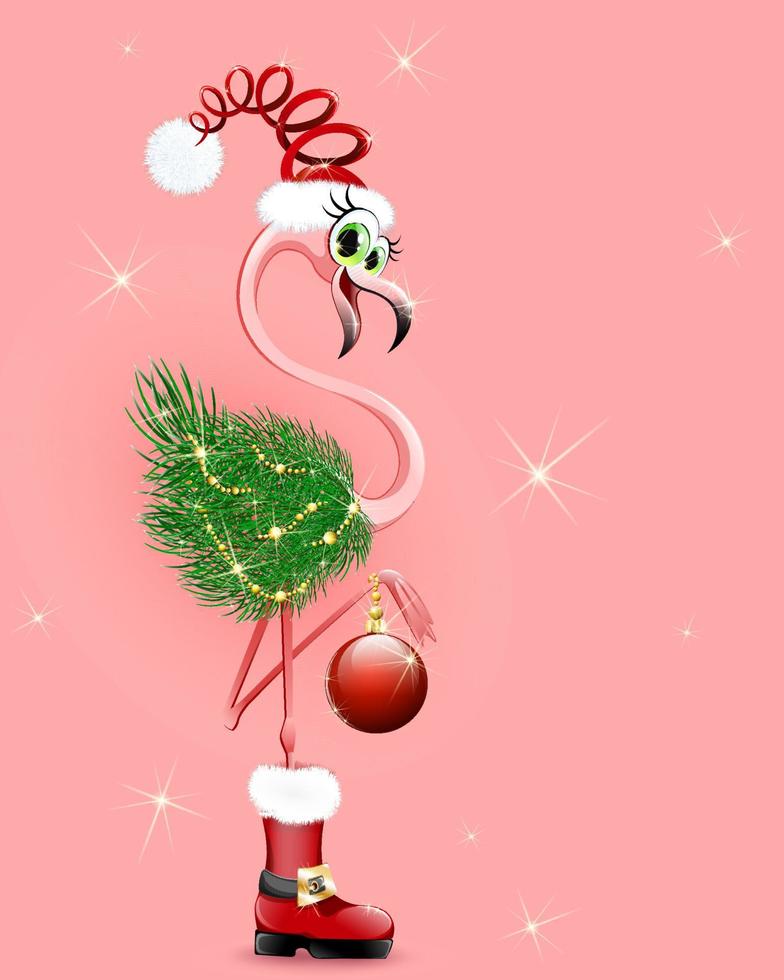 flamingo sorridente rosa dos desenhos animados em fantasia engraçada de papai noel e galhos de árvores de abeto, enfeite de natal, chapéu de papai noel e bota vetor