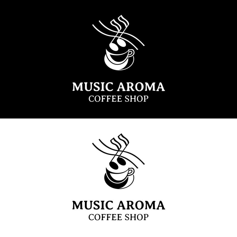 aroma de notas de caneca e música para cafeteria retrô vintage e design de logotipo de bar de café com música ao vivo vetor