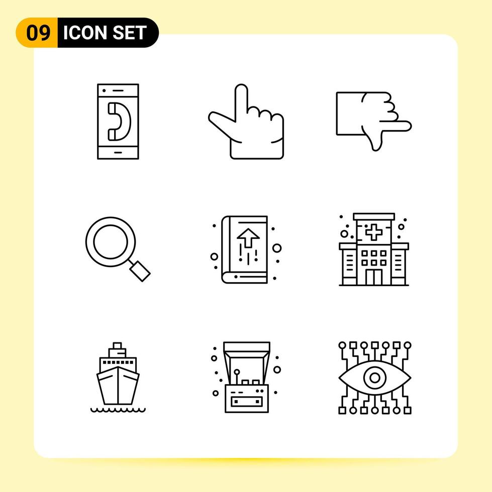 9 ícones criativos para design de site moderno e aplicativos móveis responsivos 9 sinais de símbolos de contorno em fundo branco 9 pacote de ícones vetor