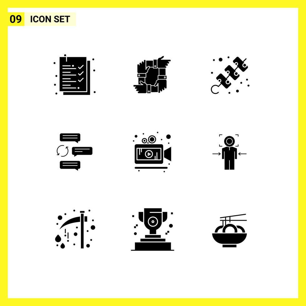 9 interface do usuário pacote de glifos sólidos de sinais e símbolos modernos da equipe de conversação automática conversando com elementos de design de vetores editáveis de viagens